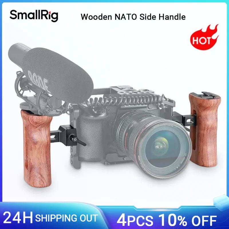 

SmallRig Wooden NATO Side Handle For Any Cage with NATO Rails On Both Sides with Cold Shoe 1/4”-20 Threaded Holes for DSLR 2187B