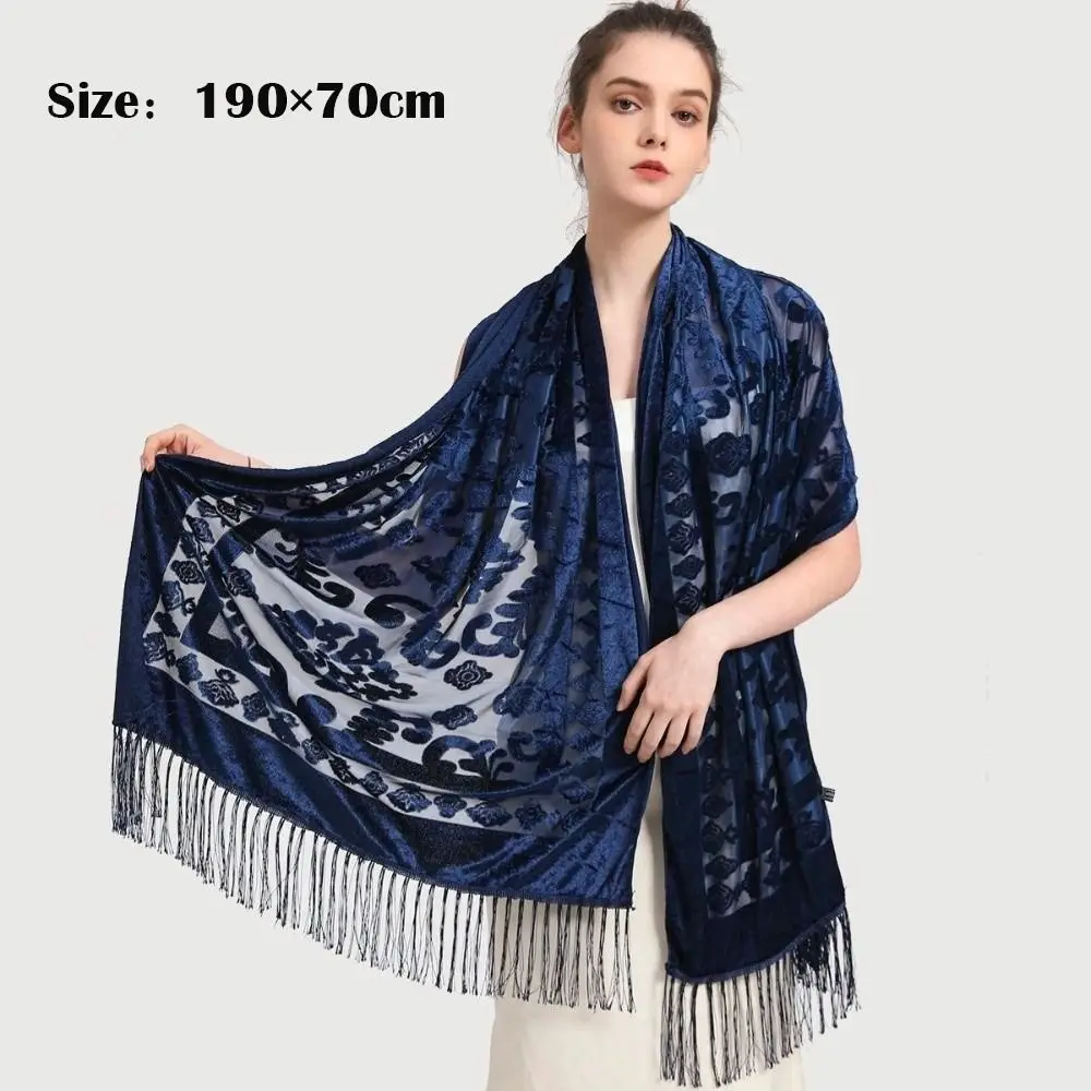 エスニックスタイルチャイナドレスショールエレガントなデザイン暖かい素材ロングフリンジスカーフフリンジエッジ多用途ベルベットスカーフ