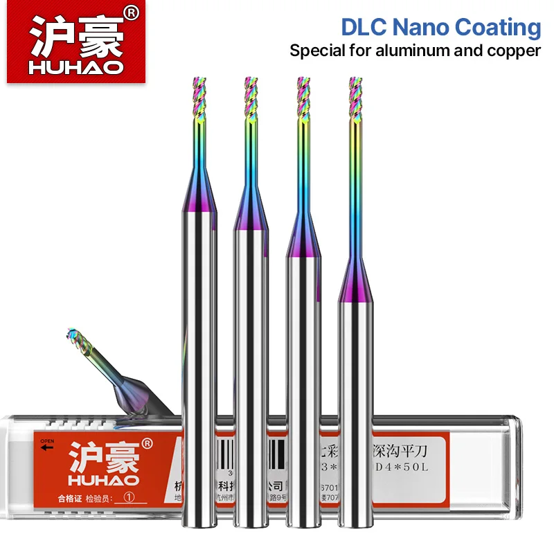 HUHAO 3 المزامير الملونة الأخدود العميق قاطعة المطحنة 4 مللي متر عرقوب DLC طلاء راوتر بت كربيد CNC Endmill أداة للألمنيوم والنحاس