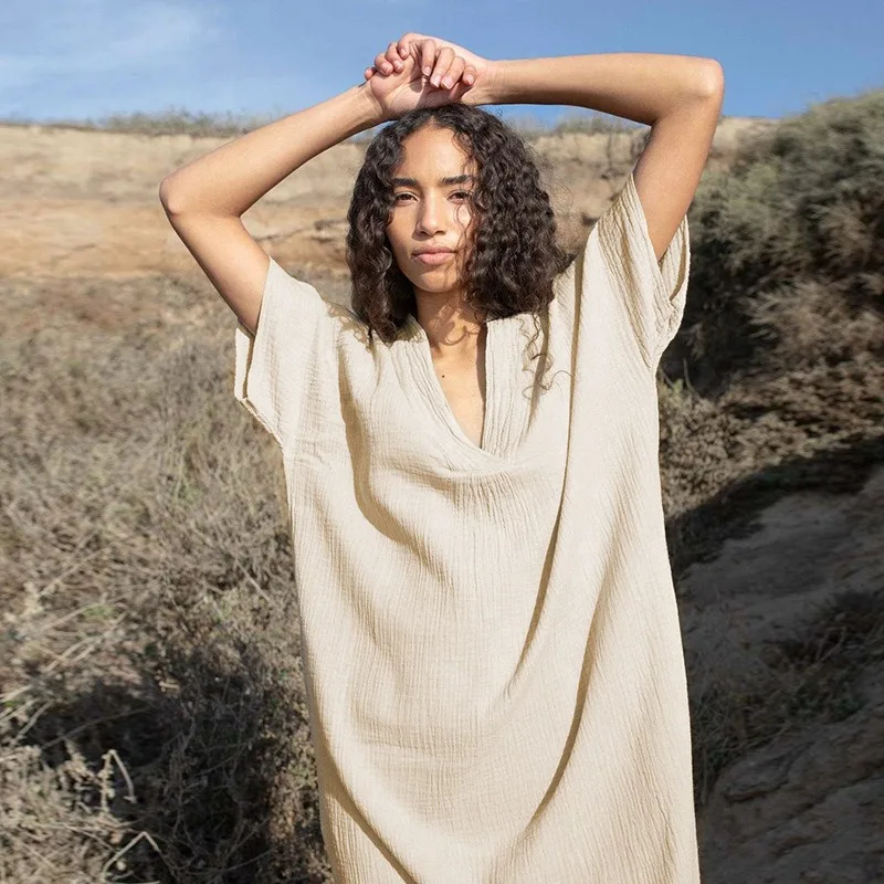 100% camada dupla crepe algodão solto conforto vestido feminino cor sólida verão manga curta com decote em v vestidos divididos de mujer