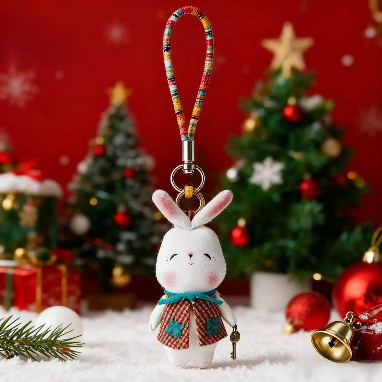 Kaninchenpuppe, handgefertigt, PP-Baumwolle, Kaninchen-Weihnachts-Schlüsselanhänger, nordischer Dressing, Kaninchen, ländliche Sammlung, handgefertigte Puppe, Weihnachtsgeschenk