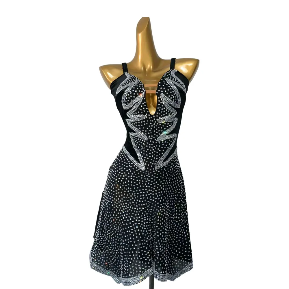 Latin Dance Costume Rhinestone Women's Clothing High-end Custom Silver Diamond Waist Dress Tango Samba Performance Dress