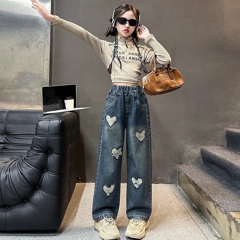 Girls Jeans Spring and Autumn New Children\'s Straight Pants Children\'s Pants Korean Wide Leg Pants