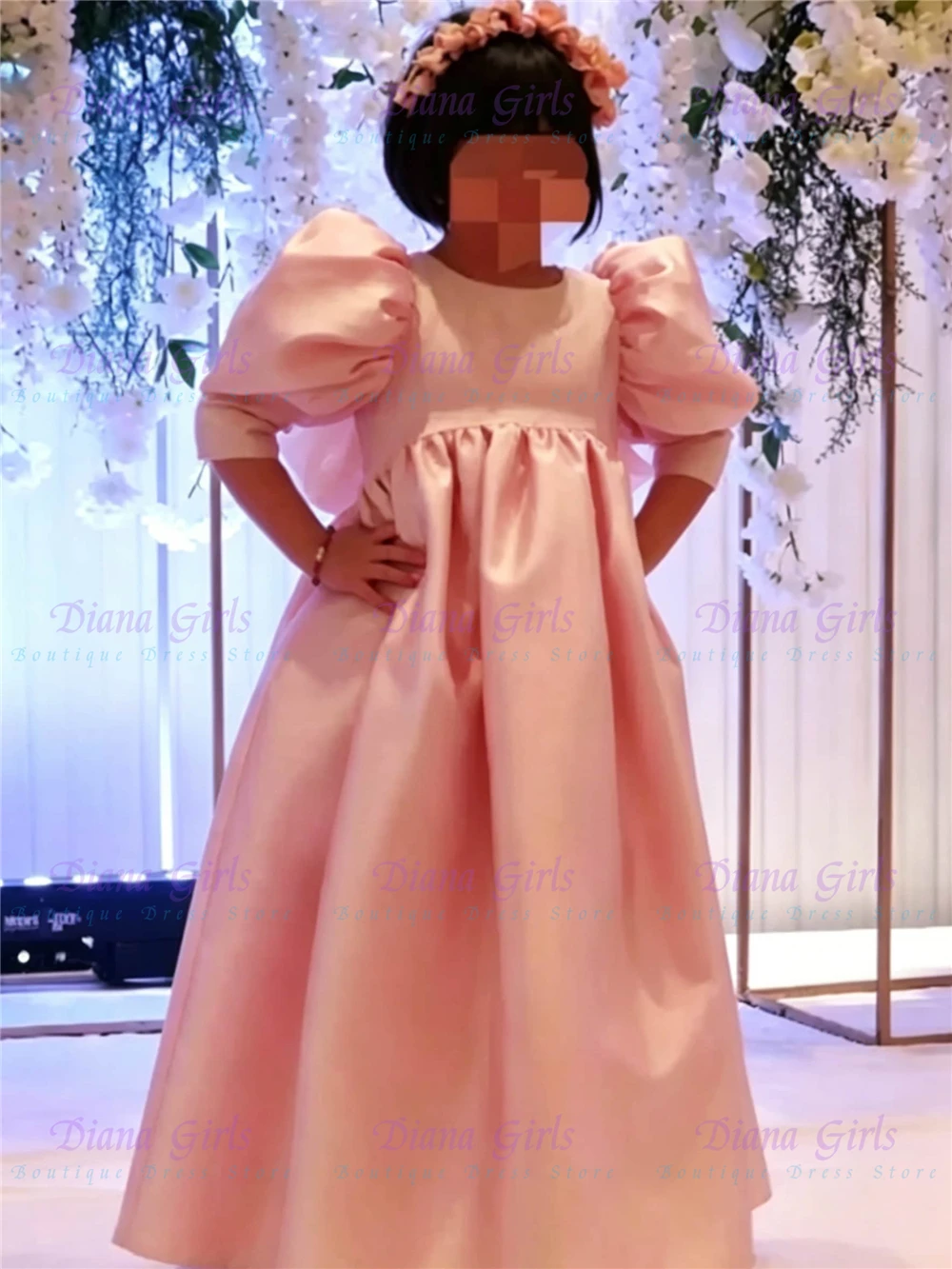 Hochwertiges, hübsches Blumenmädchenkleid aus rosa Satin mit Tüll, flauschigem langem Schleifengürtel für Hochzeiten, Ballkleider, Kindergeburtstagskleider