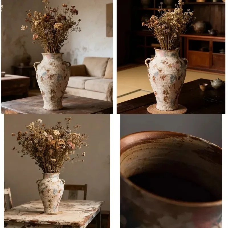Vintage Wabi Sabi Pottery Vase Double Handle Imitation Old Textured Ceramic Home Decor for Dried Flower Arrangement