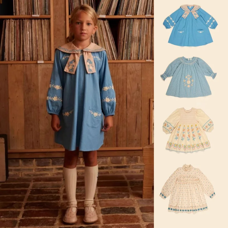 

Girls' Dress 2025 Fall New Arrival Blue Printed Fashion Embroidered Children's Long-Sleeve Dress Pure Cotton Cute Princess Dress