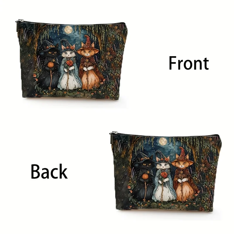 1 Stück Retro Night Cat Wizard Make-up-Tasche, doppelseitig bedruckt, langlebig und faltbar, Reiseaufbewahrung, skurrile Halloween-Design-Tasche – Detail 4