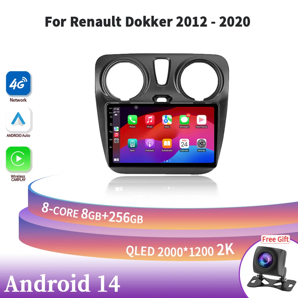 

For Renault Dokker 2012-2020 Android 14 Wireless Carplay Car Auto Radio Multimedia Touch Screen Stereo GPS Navigation WIFI 4G