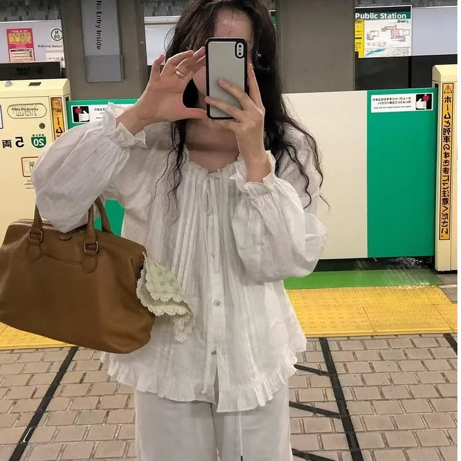 

Свободный женский корейский топ irt Sle Chic, универсальный повседневный милый плиссированный расклешенный топ с кружевной отделкой, дышащий, удобный, длинный...