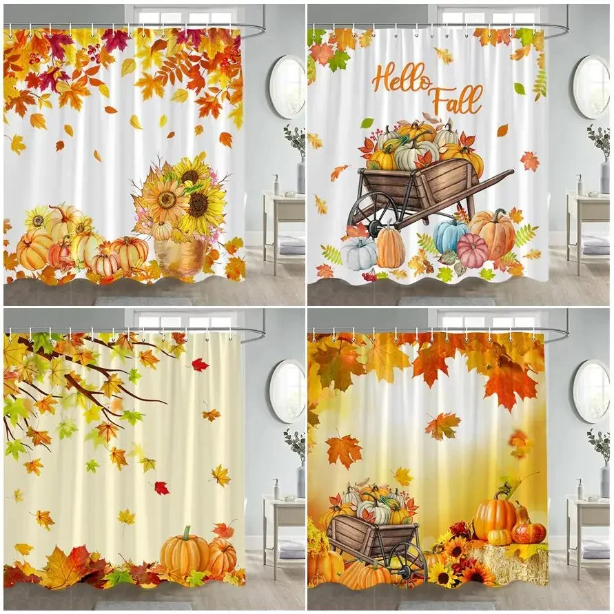 Fall Maple Leaves Shower Curtains Rustic Farm Sunflowers Pumpkins Haystacks Autumn Thanksgiving Fabric Bathroom Decor with Hooks