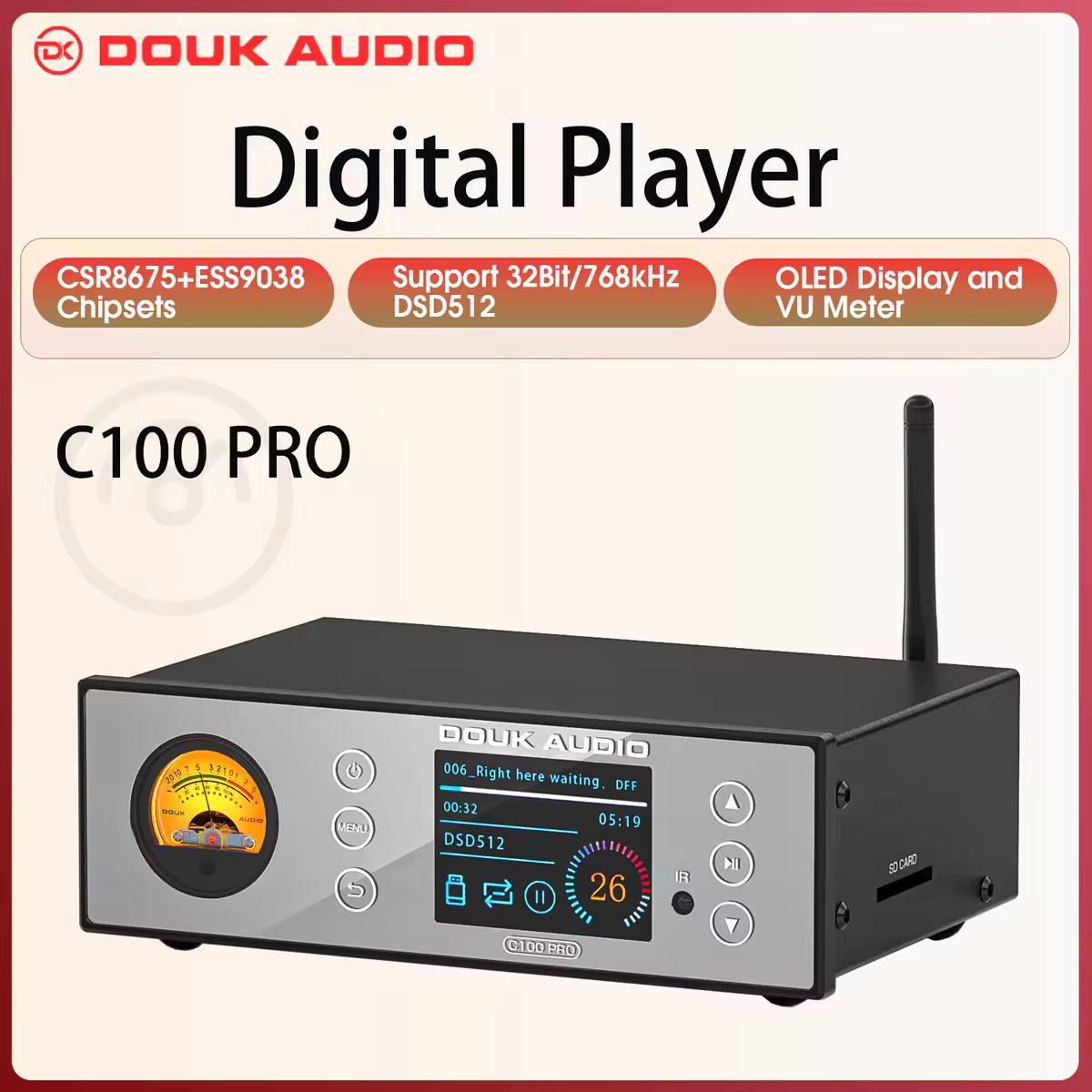 Douk Audio C100 PRO HiFi Bluetooth 5.0 Digital ESS9038 Preamp OLED Display Streamer USB Player DSD512 with VU Meter