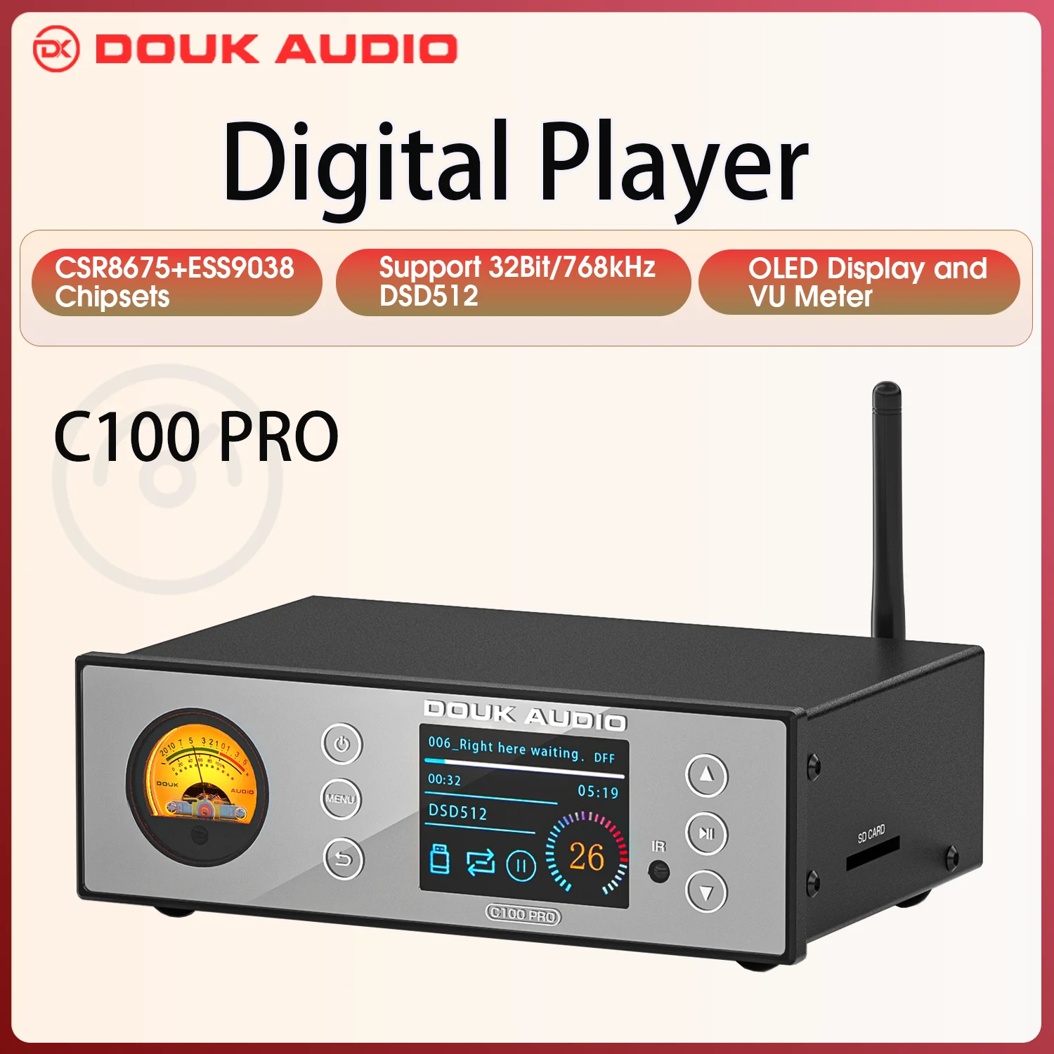 Douk Audio C100 PRO HiFi Bluetooth 5.0 Digital ESS9038 Preamp OLED Display Streamer USB Player DSD512 with VU Meter