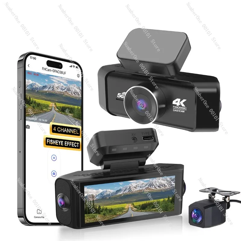 4K Ultra HD 360 Degree Quad Lens Car Dash Camera WiFi Night Vision Driving Recorder Front Rear Inside Four Channel Video DVR