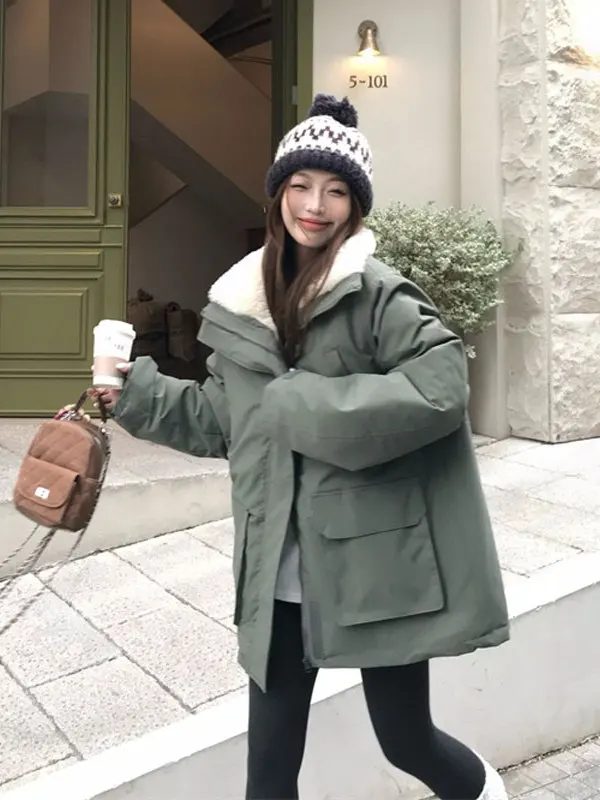 

Korean Sle Faionable Workwear Jaet Coat Women's Cotton Clothes Autumn Season Long Sve Zipper round Ne Knitted Soli...