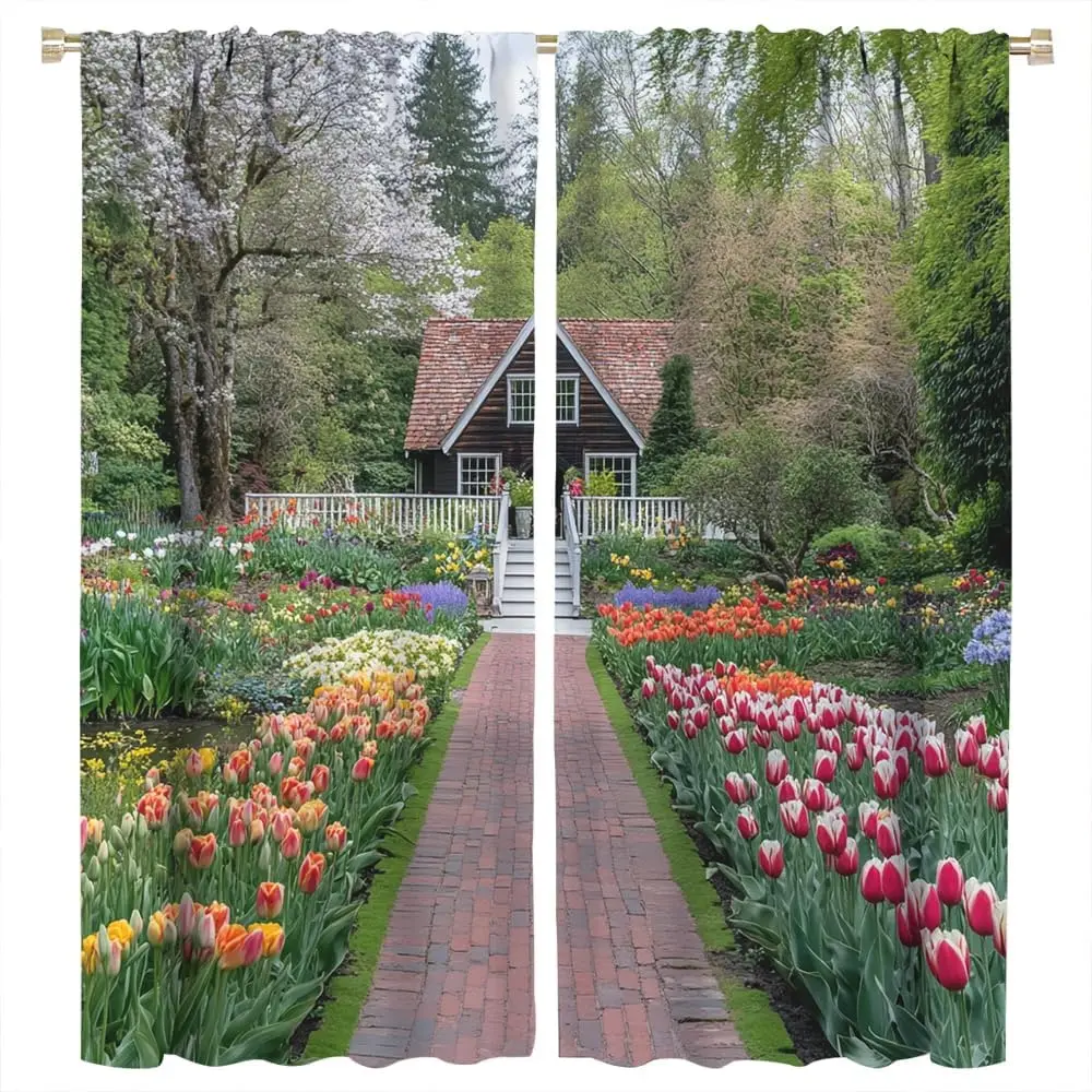 Wunderschöne Garten-Verdunkelungsvorhänge mit Bunten Tulpen und Waldmotiv, Gardinen mit Schieberegellöchern, Raumverdunkelungsvorhänge für Schlafzimmer
