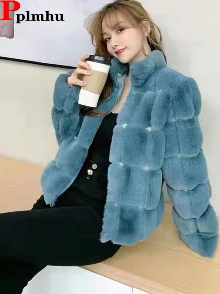 

Classics Faux Rabbit Fur Cropped Jackets Korean Trend Plush Women's Coat Stand Collar Slim Casacas Winter Warm Elegant Ceketler