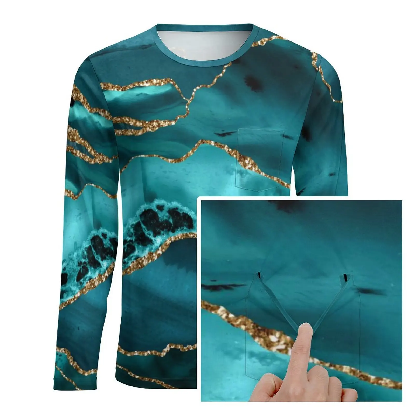 Teal Blue Marble T Shirt Spring Gold Glitter Print Streetwear T Shirts Men Vintage Pattern Tee Shirt Big Size