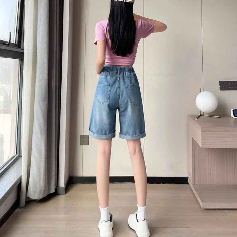 2024 Summer Elastic Waist Denim Shorts Women's Vintage Floral Embroidered Straight Tube Loose Drawstring Short Pant Female 3XL