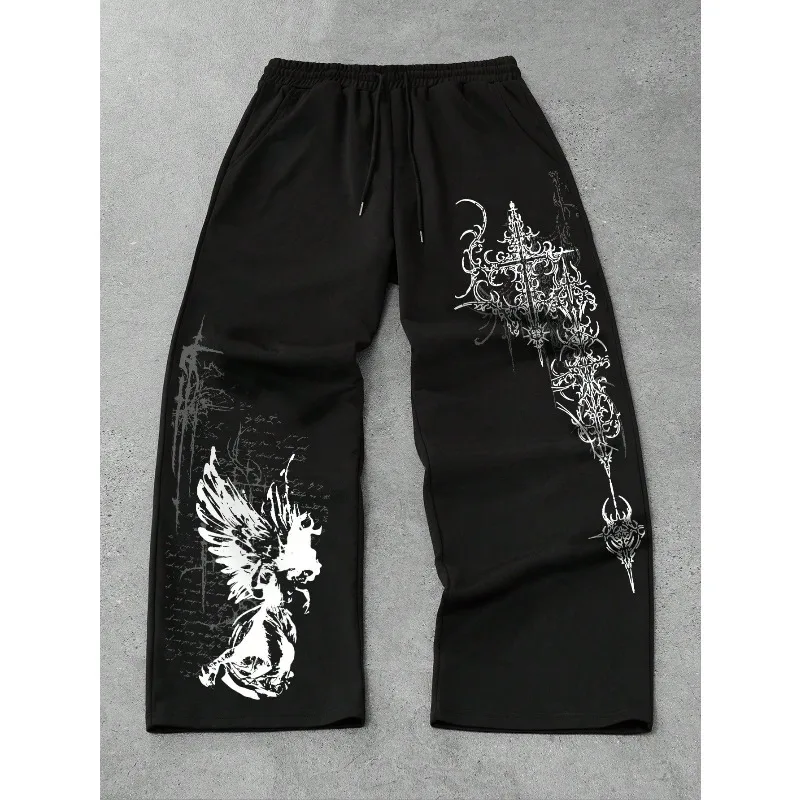 2026 Men's and Women's Y2K Gothic Angel Print Wide Leg Sports Pants Wear Hip-hop Casual Drawstring Pants Harajuku Street Style