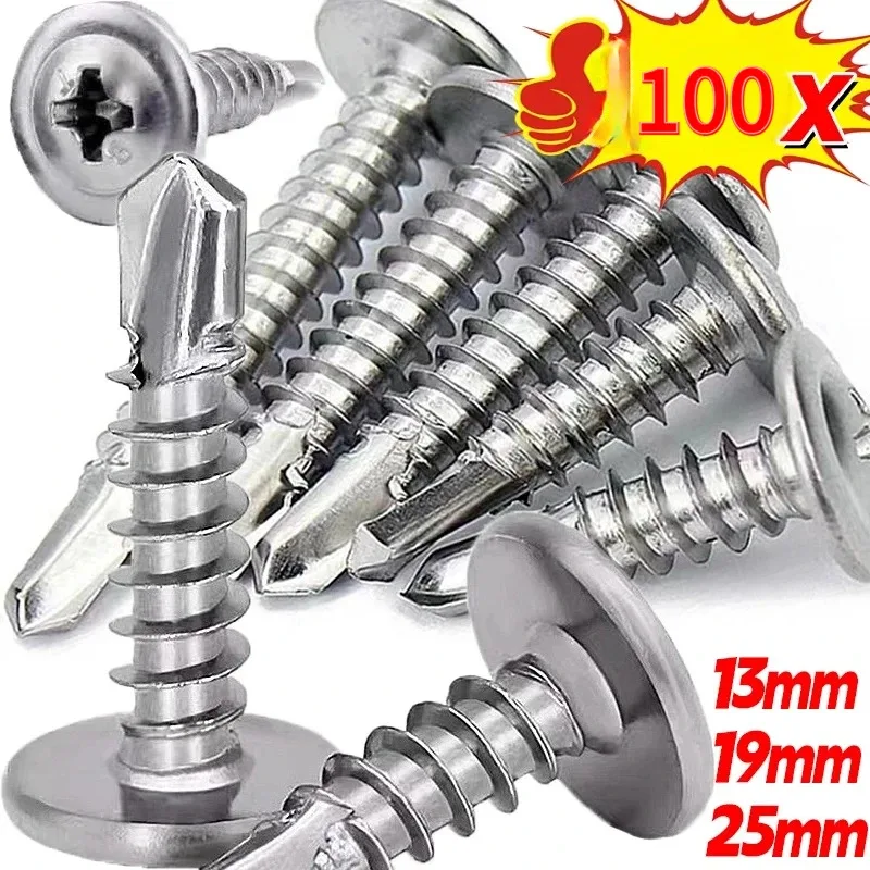 100pcs 4.2mm 4.8mm Stainless Steel Washer Screws Self-tapping Flat Head Screw Fastener High-Strength Self-Drilling Hardware Kits