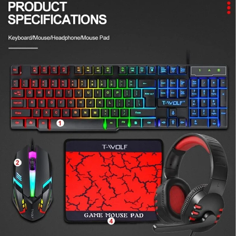 Spanish Russian Keyboard Layout Gaming Combo 4 in 1 RGB Backlit Keyboard Mouse Headset Mouse Pad Mechanical Feel for Laptop PC G