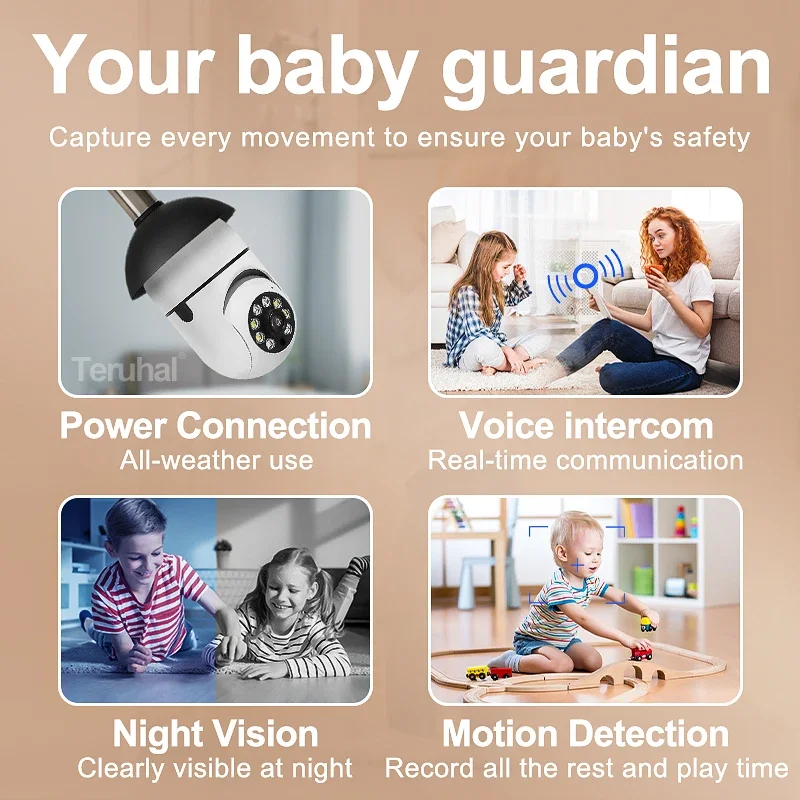 Câmera wi-fi lâmpada inteligente câmera de vigilância cor cheia visão noturna automática rastreamento humano zoom monitor segurança interna casa