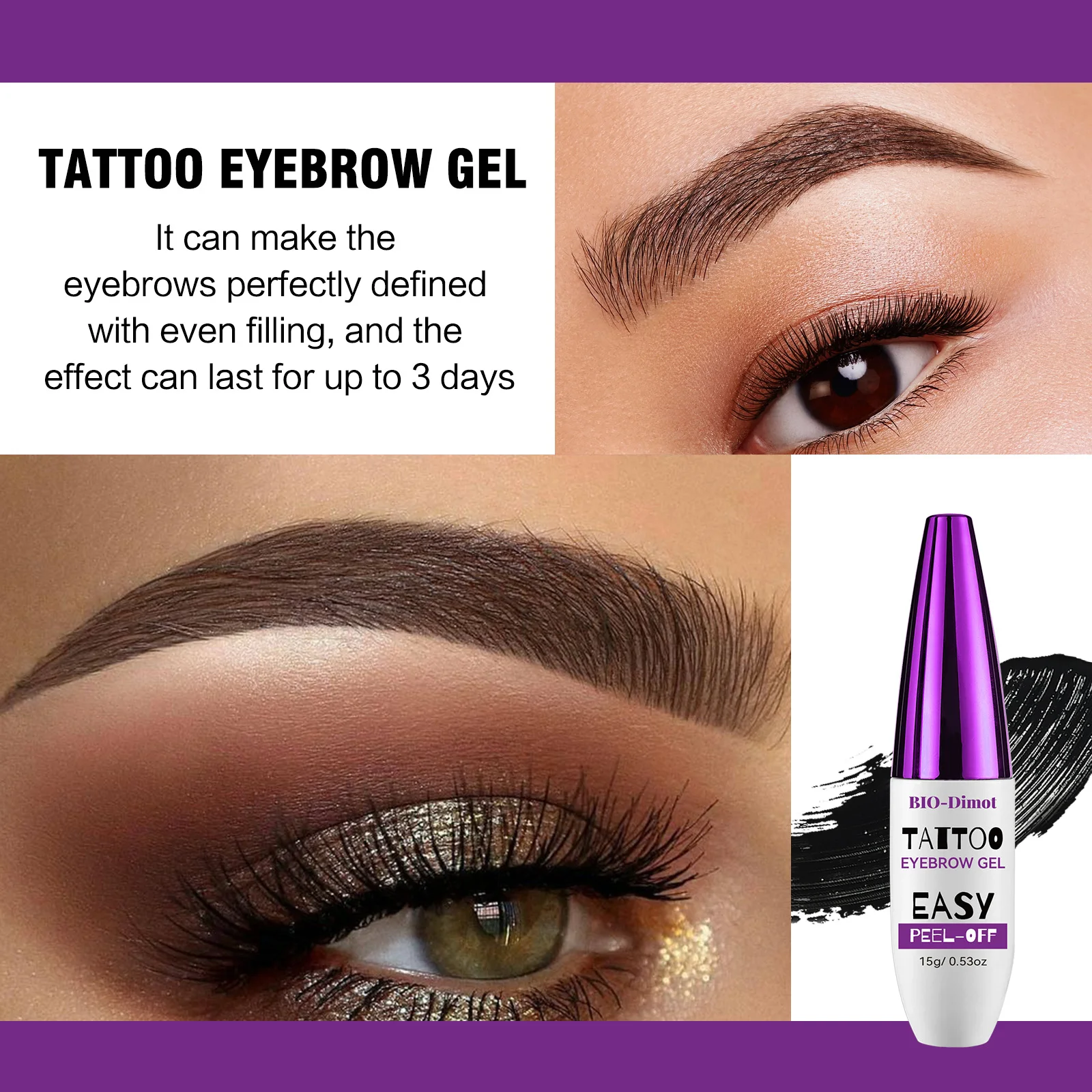 BIO-Dimot 15g Lasting Eyebrow Gel Natural Semi-permanent Shade Waterproof Peel-Off Tint Easy Peel-off Smudge-proof Eyebrow Cream