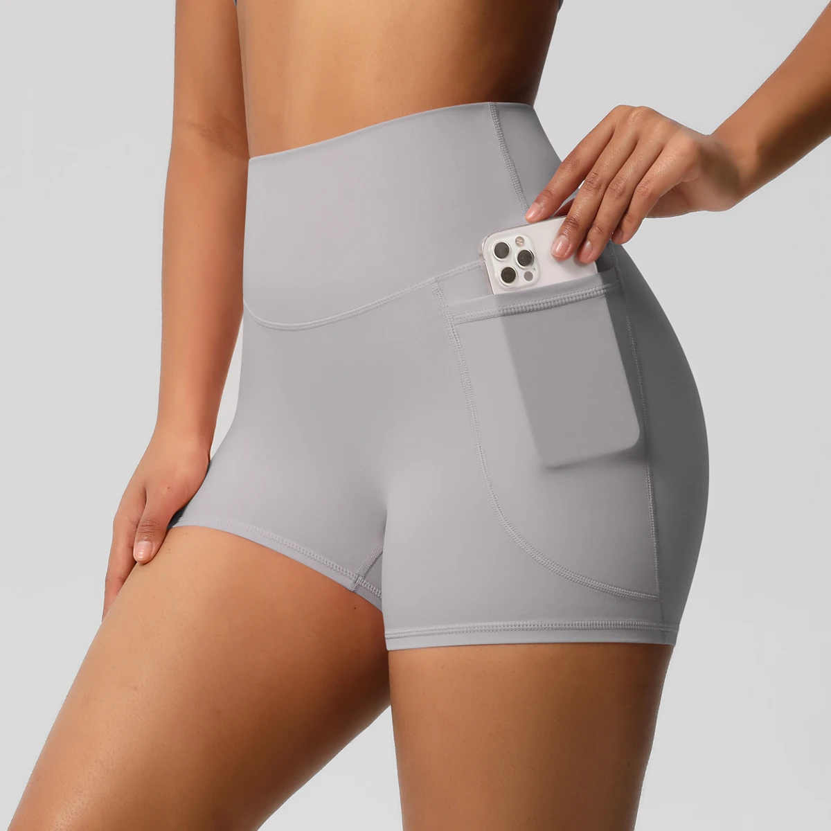 Einfarbige Yogahose mit Taschen, schnell trocknend, hohe Taille, für Fitnessstudio, Push-Up-Yoga-Shorts für Damen, atmungsaktiv, Workout, Fitness, kurz – Detail 34