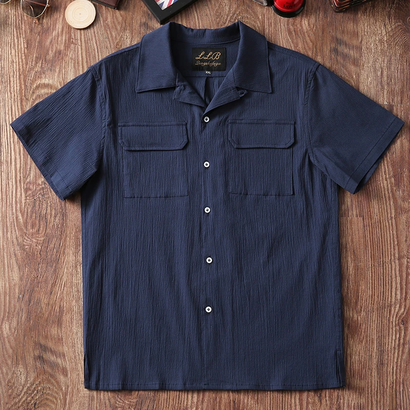 

Loose Fit Casual Bubble Shirt Cotton Blend Spring Summer Short Sleeve Cuban Collar Business Casual Earth Tone Color Scheme