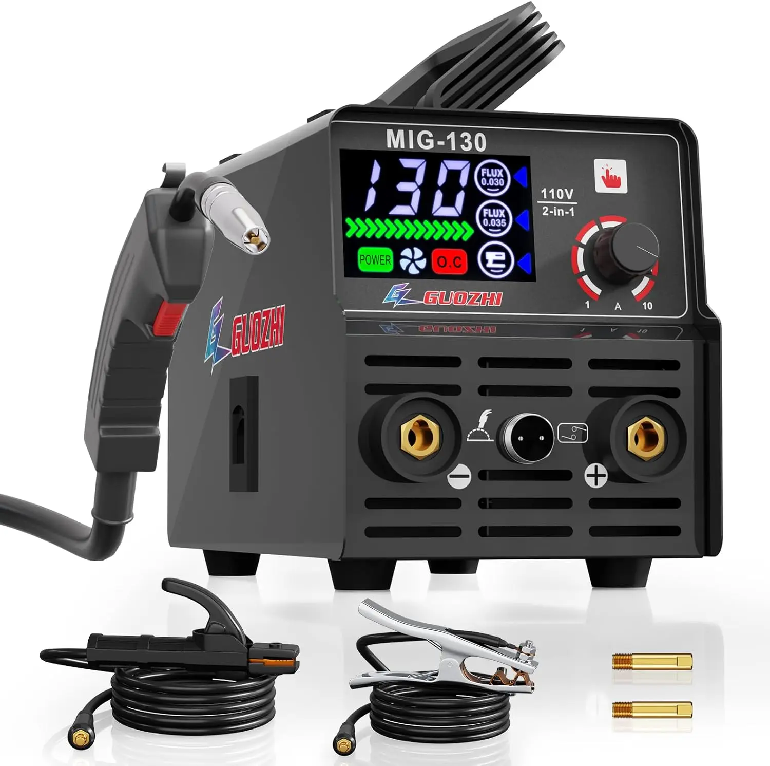 Guozhi Mig Welder 130Amp 110V With Super Large Led Display, 2 In 1 Gasless Flux Core Mig/Stick Mma Arc Multiprocess Welding