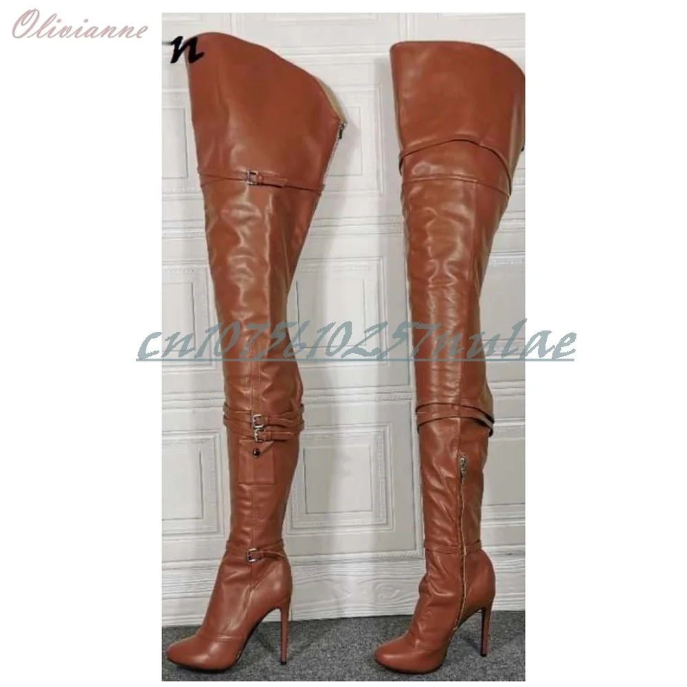 

Brown Matte Leather Buckle Belts Strap Thigh High Boots Stiletto High Heel Fashion Party Women Shoes 2025 Autumn Para Mujere