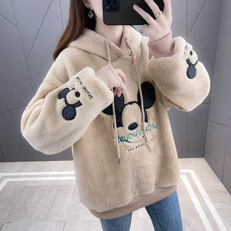 Winter Mickey Cartoon Print Sweatshirt Thick Plush Lining Hoodie Loose Korean Fashion Hoodies  Oversized Kawaii Hoodies clothing