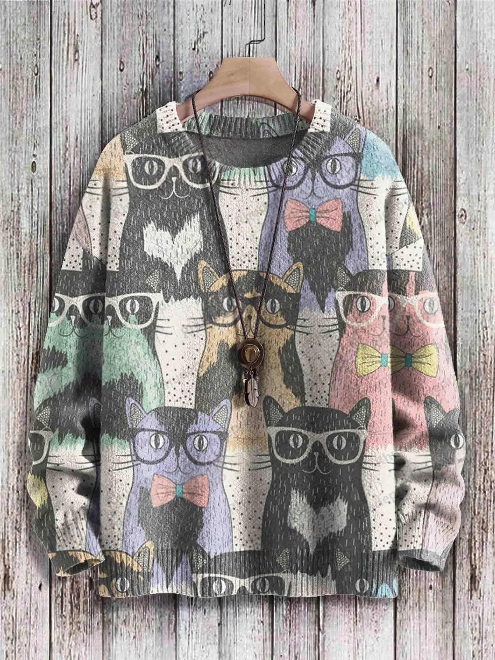 Men's Funny Colorful Abstract Cat Art Pattern 3D Printed Knitted Pullover Winter Casual Sweater Unisex Knit