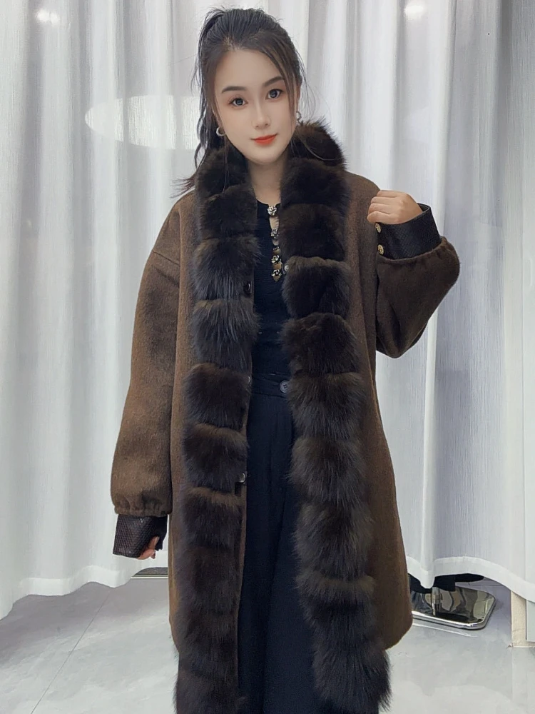 Ladies Overcoat Longline Wool Blend Oversized Loose Real Fur Plush Trim Collar Coat Thick Warm Luxury Elegant Classy Fall Winter