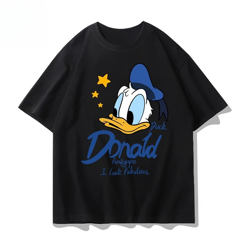 

Donald Duck T Shirt Men Cotton Short Sleeve Tops 2025 Summer Graphic Tees Black Base Donald Duck Blue Hat Yellow Stars Donald