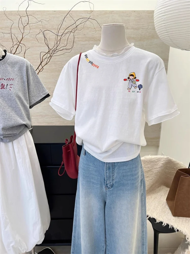 Chique kleur Blo Kant Patchwork ort Sve T-shirt Dames Zomerontwerp Zoet Veelzijdig Afslanktop Trendy Casual Loose Fit