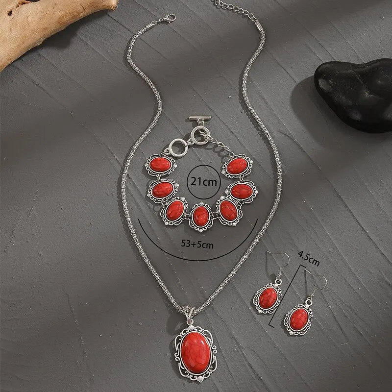 3PCS Vintage Antique Silver Natural Red Stone Jewelry Set Pendant Necklace Bracelet Drop Earrings For Woman Retro Style