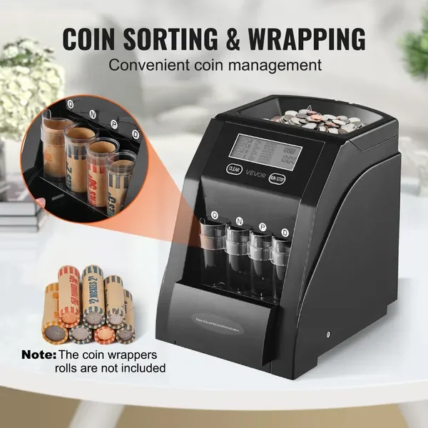 USD Coin Sorter with LCD Screen Display Holds up to 200 Coins 4 Coin Tubes