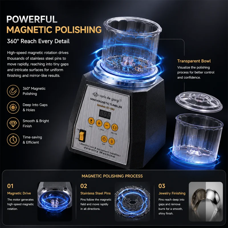 PHYHOO Mini Magnetic Tumbler KT130 Jewelry Polisher Machine 2000RPM Digital Timer Deburring Finishing Tool Set Stainless Steel P