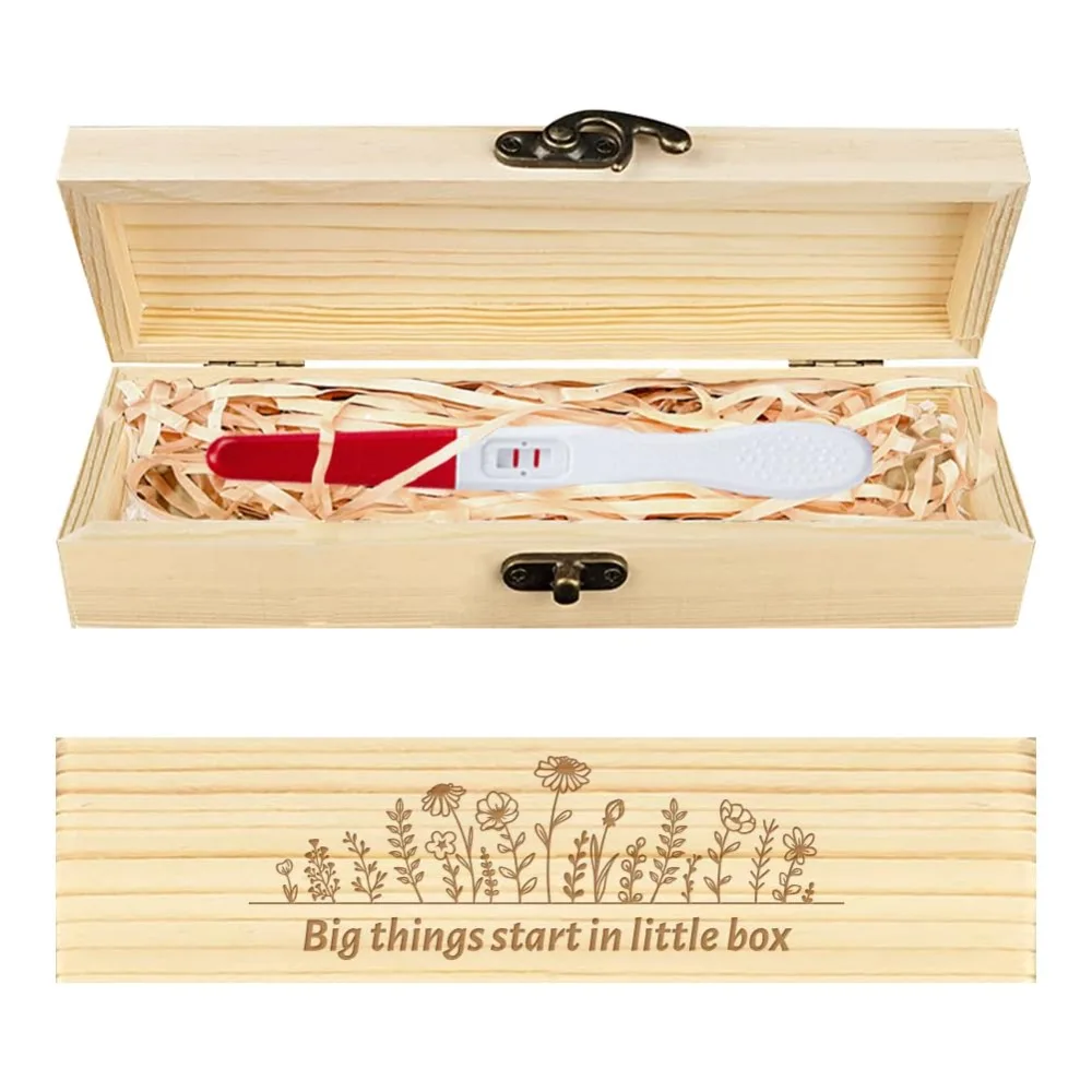 Caja de recuerdos para prueba de embarazo, flores, ramas, hojas, caja de regalos de anuncio de embarazo de madera con cinta de rafia y cerradura