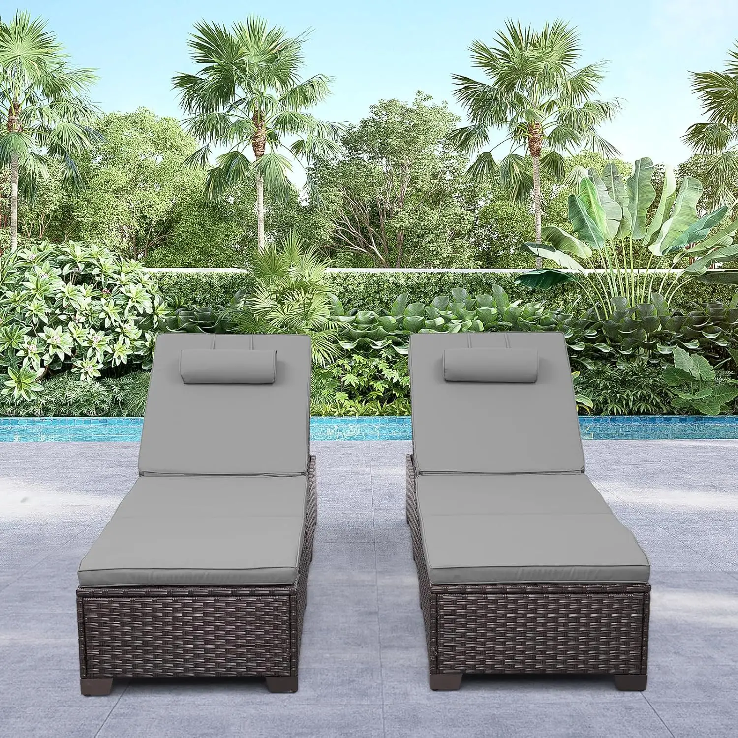 Brown Wicker Patio Chaise Lounge Chairs Set of 2 Outdoor Chaise Lounge Pool Lounge Chairs Poolside Recliner Chairs