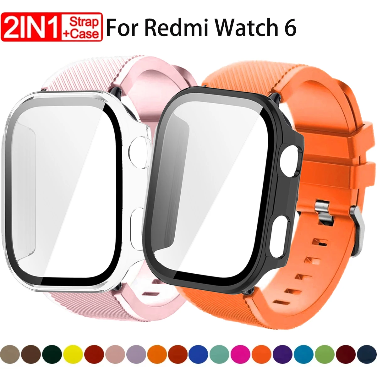 Bracelet en silicone + coque PC pour Redmi Watch 6 + bracelet de sport en verre trempé, protection anti-rayures, bracelet réglable
