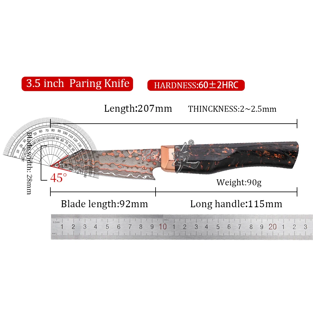 YANJapanese Hitachi 129 Layers Copper Damascus SKD11 SLD Paring Kitchen Knife Copper Bolster Carbon Fiber Handle