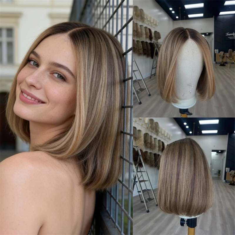

New In 13x4 Ombre Blonde Brown Synthetic HD Lace Front Wig Realistic Look for White Black Women Short Straight Bob Party Daily