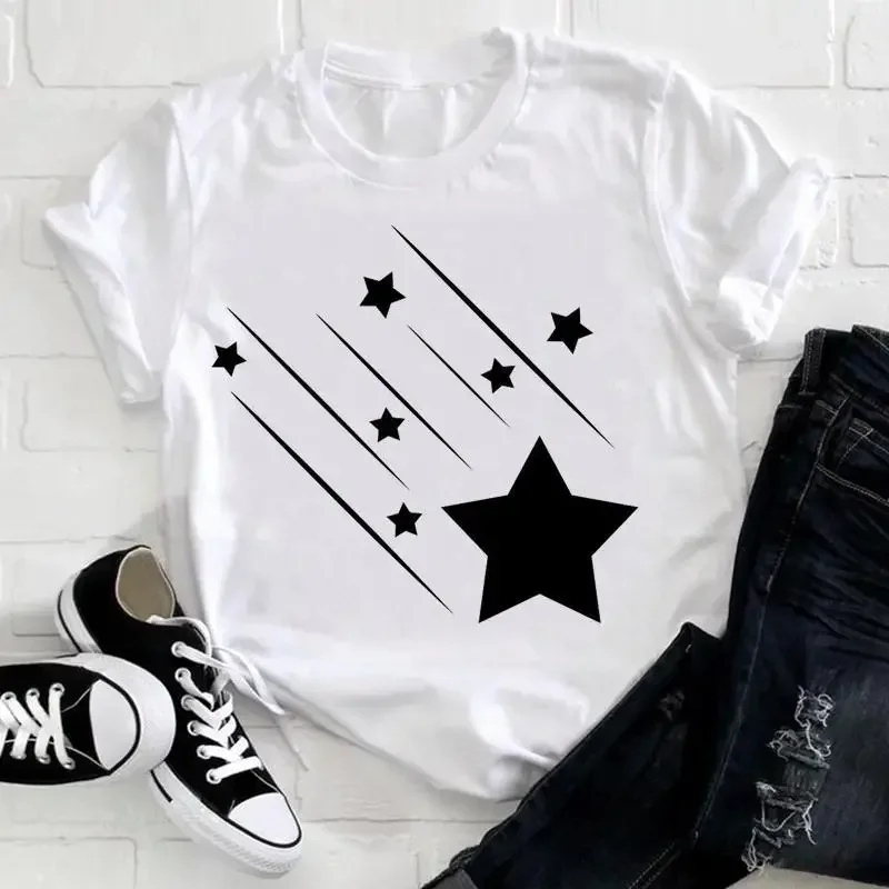 Women's Round Neck T-shirt Street Stars Five-Pointed Star Pattern Print Short-Sleeved Aesthetic Women's Summer T-shirt