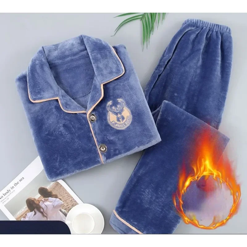 Männlich Warme Pyjamas männer Korallen Samt Nachtwäsche Herbst Winter Verdickt Loungewear Set Mittleren Alters Ältere Papa Warme Flanell Anzug