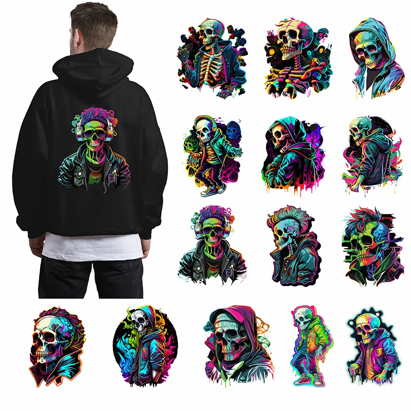 DTF Iron Transfer Patch Skull Sticker Fashion Colored T-Shirt Hoodie DIY Painted Patch Waterproof