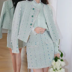 Heavy Industry Luxury Suit Bead Decorative Diamond Two Piece Set Small Fragrant Style Coat+High Waist Half Skirt Elegant Sets