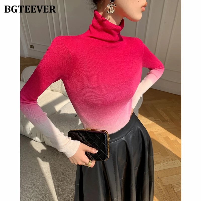 BGTEEVER Autumn Stylish Turtleneck Sweaters for Women Long Sleeve Slim Gradient Knitted Pullovers Female Winter Warm Knitwear