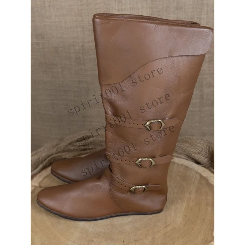Medieval European Flat Buckle Boots American Adult Men And Women Renaissance Fashionable Metal Decoration Casual Style Boot - view 3